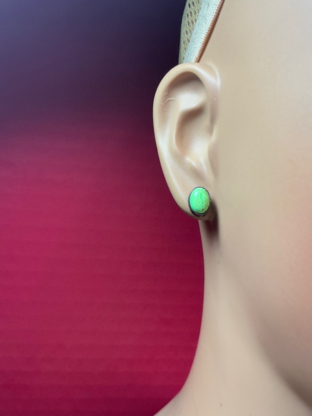 Vintage Sterling Silver H S stamped Oval Shaped Stud Earrings with a Green Stone